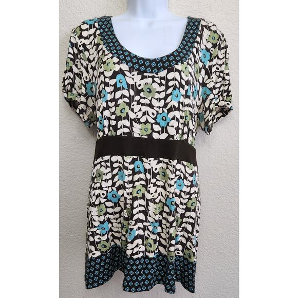 Apt 9 Brown Blue White Floral Print Tie Back Top XL Lightweight Soft Stretch - Picture 1 of 5